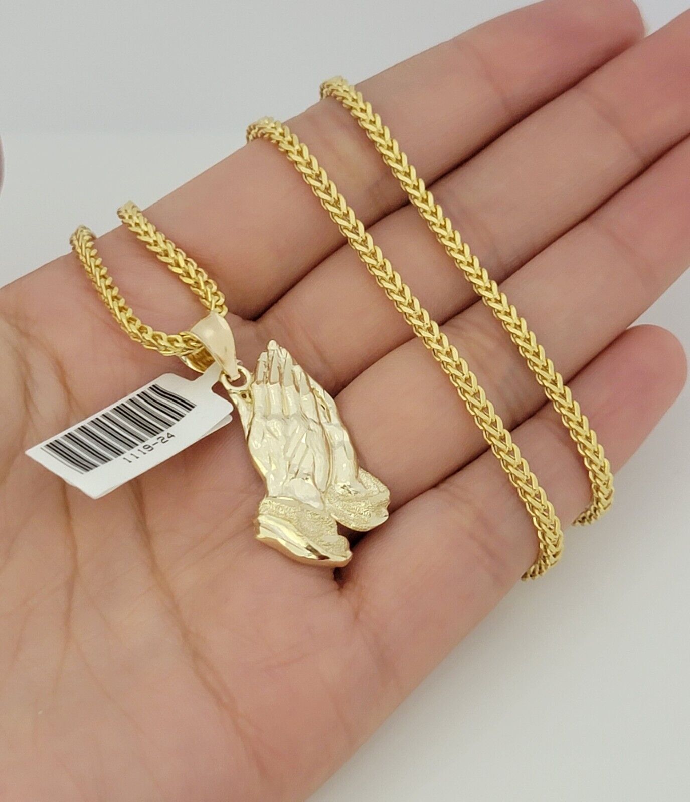 Real 10k Gold Franco Chain Praying Hand Charm pendant Set 2.5mm Necklace 24 Inch